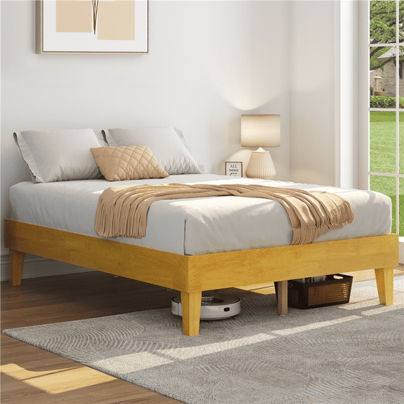 Renwick Full Size Wooden Platform Bed Frame with Sturdy Slat Support, Natural Wood, All Ages