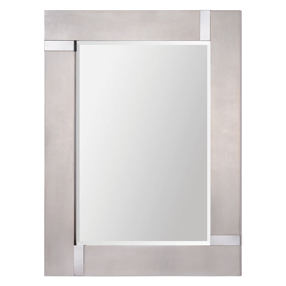 Rectangular Silver Wood Wall Mirror with Chrome Accents