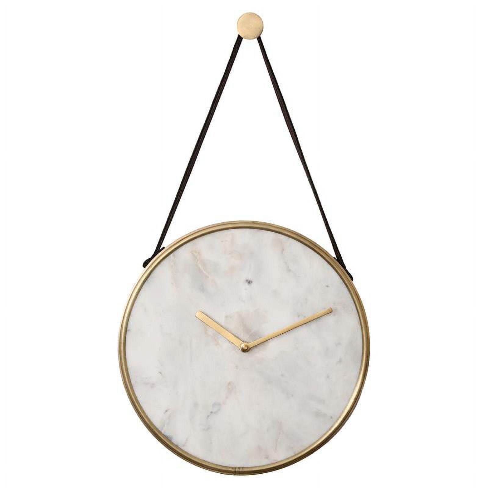 Contemporary White Marble and Antique Brass Wall Clock with Tan Leather Strap