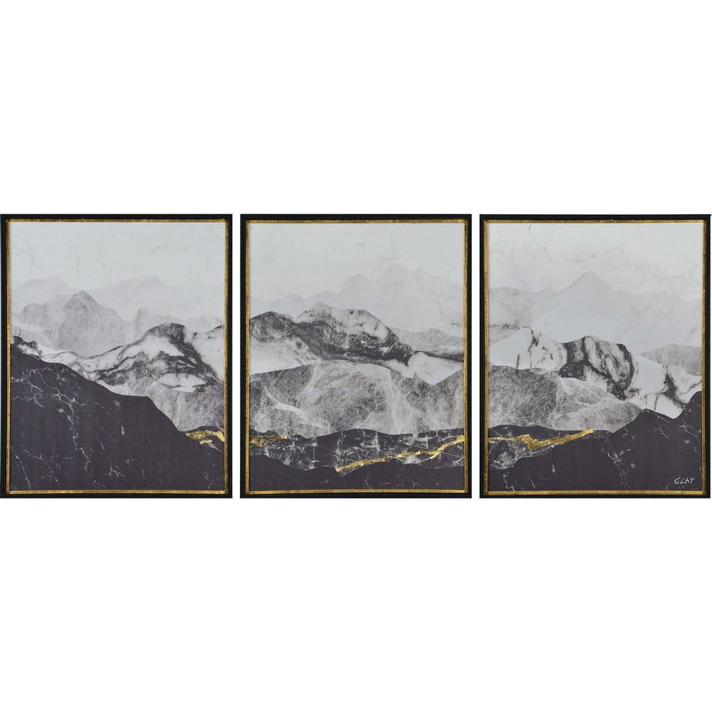 Black and White Mountain Range Triptych with Gold Leaf Accents