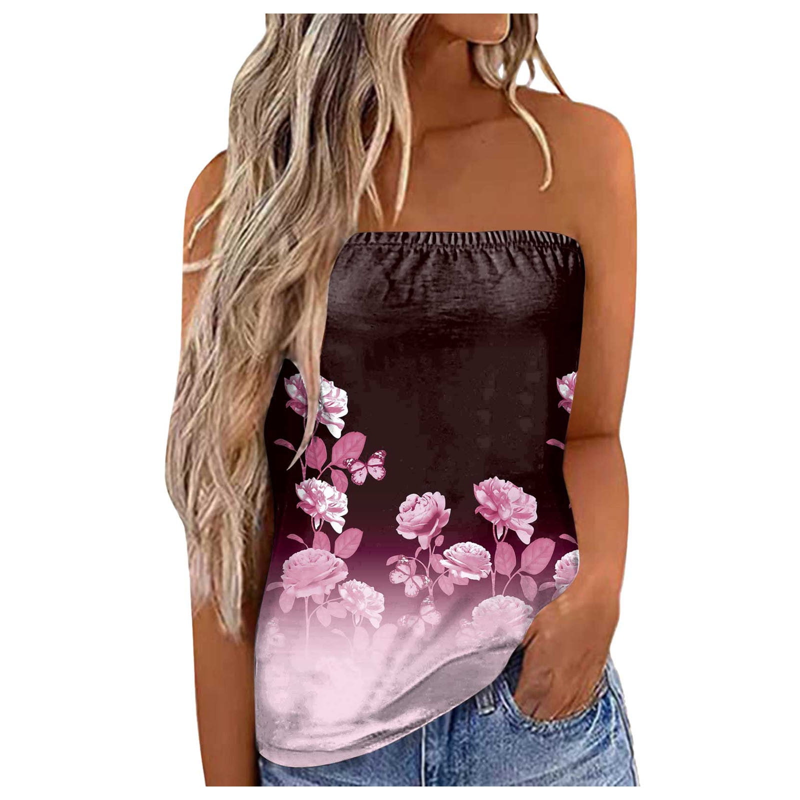 Renxiaooo Women Print Strapless Bandeau Tank Casual Sleeveless Summer