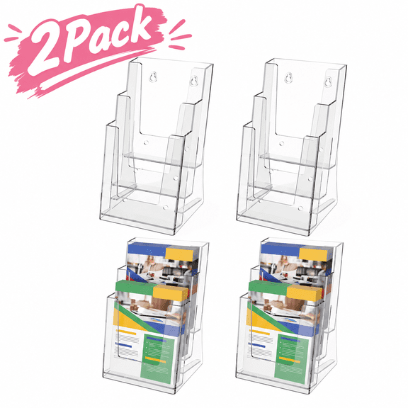 Renyuanyuan Brochure Display Stand, Clear Acrylic, 2Pcs, 3-Tier, Wall Mount, for Home Office, Countertop, Retail