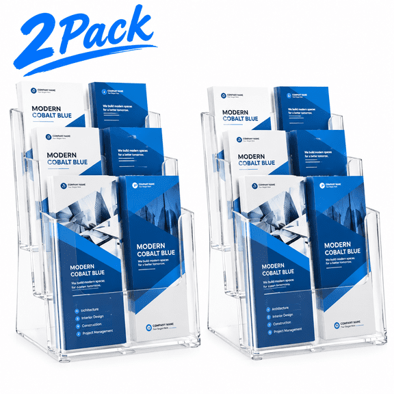 Renyuanyuan Brochure Display Stand, Clear Acrylic, 2Pcs, 3-Tier, Wall Mount, for Home Office, Countertop, Retail