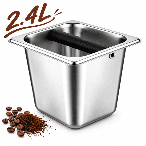Renyuanyuan Coffee Knock Box, Stainless Steel, with Rubber Rod, 2.4L, Silver, for Espresso Grounds, Home and Restaurant Barista