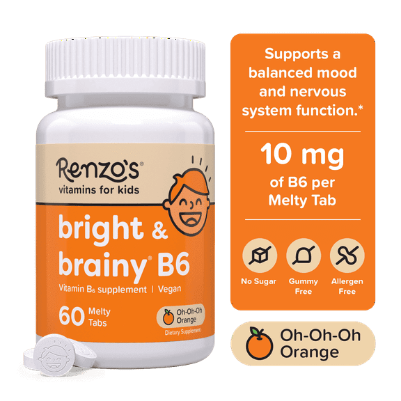 Renzo’s Bright & Brainy Vitamin B6 for Kids, Sugar-Free, Vegan Melty Tabs, 60 Count