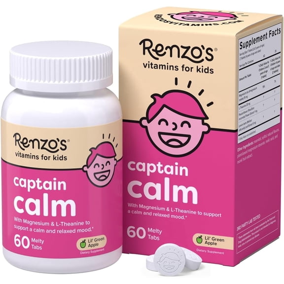 Renzos Captain Calm Magnesium for Kids with L-Theanine, Sugar-Free, Vegan Melty Tabs, 60 Count