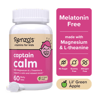 Renzo’s Captain Calm Magnesium for Kids with L-Theanine, Sugar-Free, Vegan Melty Tabs, 60 Count