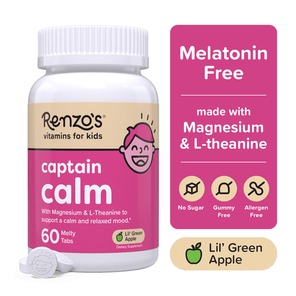 Renzo’s Captain Calm Magnesium for Kids with L-Theanine, Sugar-Free, Vegan Melty Tabs, 60 Count