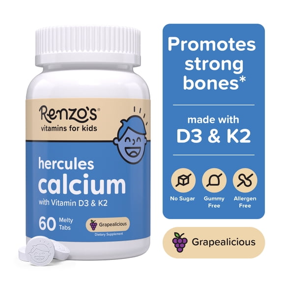 Renzo’s Hercules Calcium with Vitamin D3 & K2 for Kids, Sugar-Free, Vegan Melty Tabs, Bone Health, 60 Count