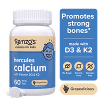 Renzo’s Hercules Calcium with Vitamin D3 & K2 for Kids, Sugar-Free, Vegan Melty Tabs, Bone Health, 60 Count
