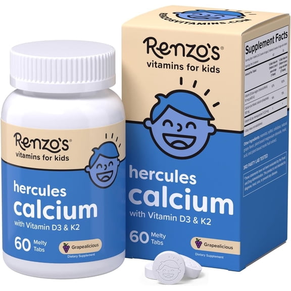 Renzos Hercules Calcium with Vitamin D3 & K2 for Kids, Sugar-Free, Vegan Melty Tabs, Bone Health, 60 Count