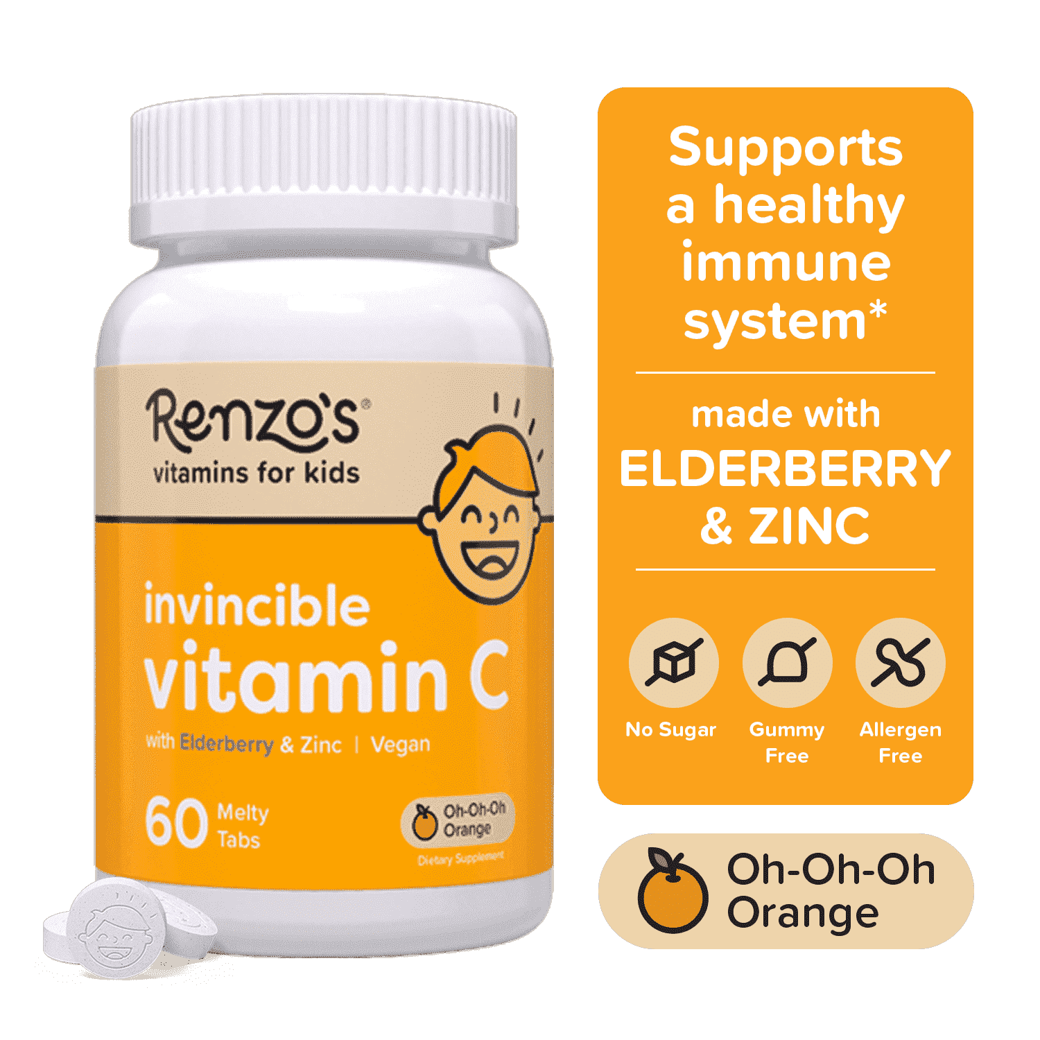 Renzos Invincible Vitamin C for Kids with Elderberry, Sugar-Free, Vegan Melty Tabs, Immune Support, 60 Count