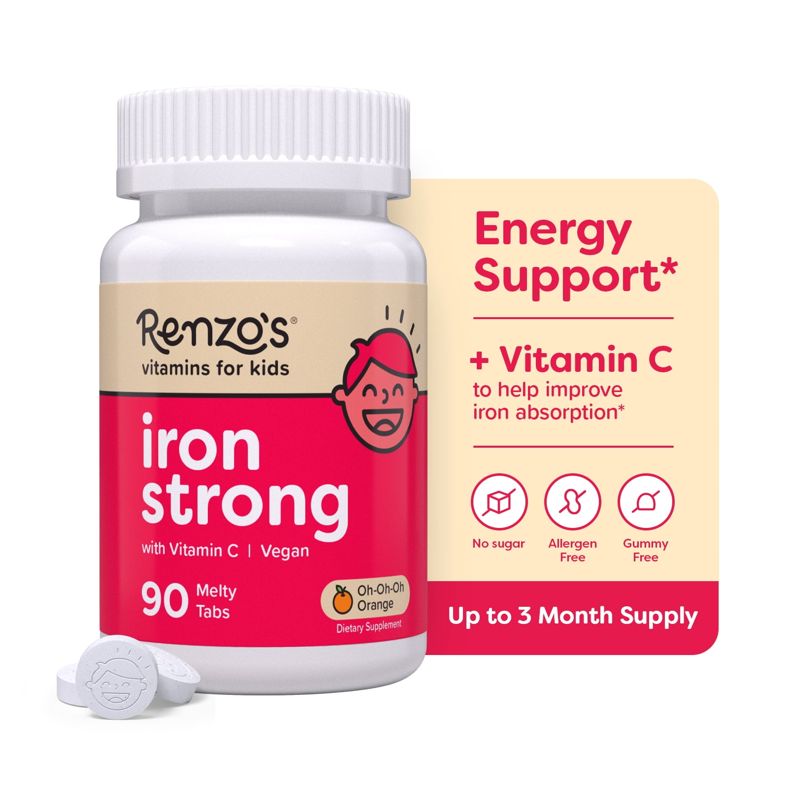 Renzo’s Iron with Vitamin C for Kids, Sugar-Free, Vegan Melty Tabs, Immune Support, 90 Tablets