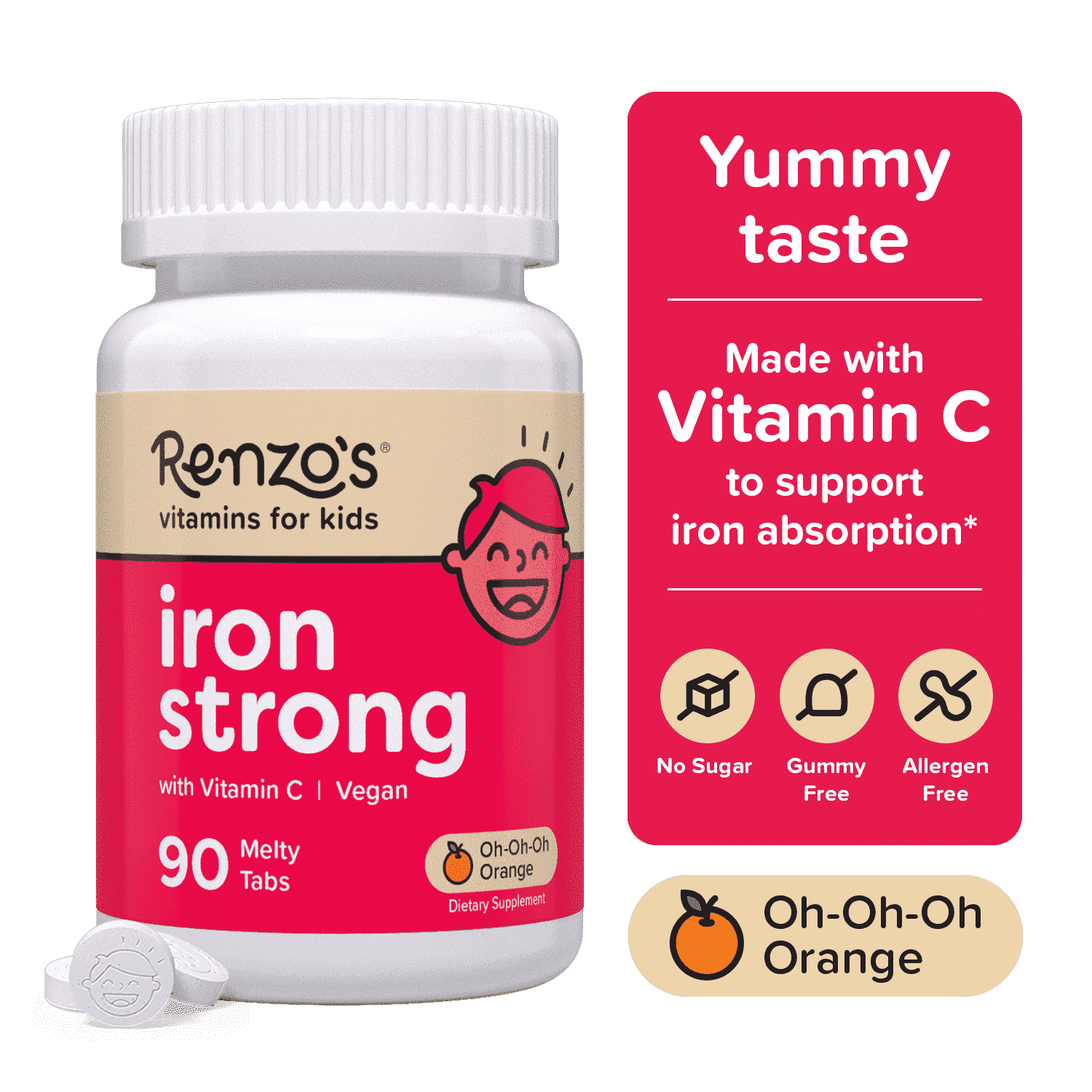 Renzos Iron with Vitamin C for Kids, Sugar-Free, Vegan Melty Tabs, Immune Support, 90 Tablets