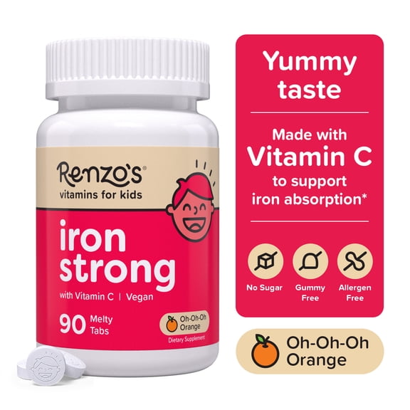 Renzos Iron with Vitamin C for Kids, Sugar-Free, Vegan Melty Tabs, Immune Support, 90 Tablets