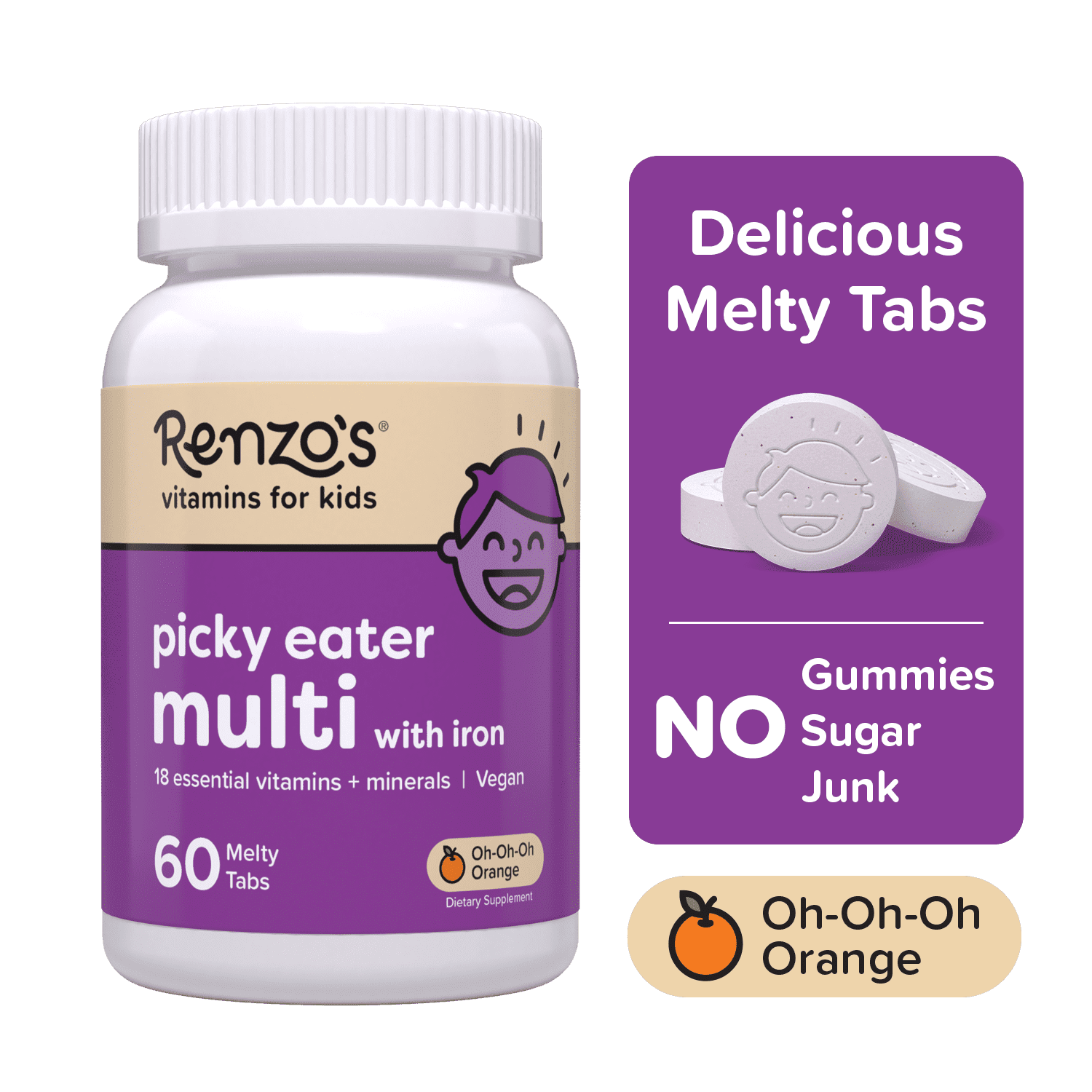 Renzo's Picky Eater Kids Multivitamin with Iron for Immune Support, 60 Tablets, Orange Flavor