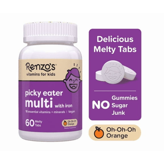 Renzo's Picky Eater Kids Multivitamin with Iron for Immune Support, 60 Tablets, Orange Flavor