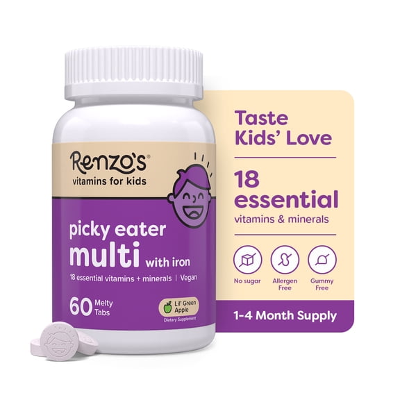 Renzo’s Picky Eater Multivitamin for Kids, Sugar-Free, Vegan Melty Tabs, Immune Support, Apple Flavor, 60 Count