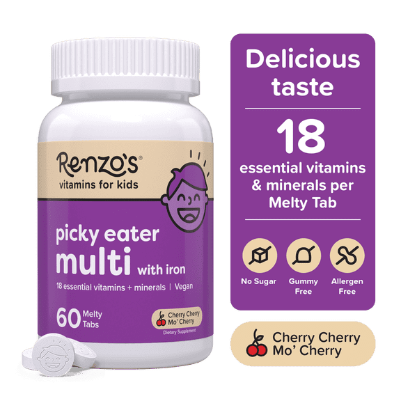 Renzo’s Picky Eater Multivitamin for Kids, Sugar-Free, Vegan Melty Tabs, Immune Support, Cherry Flavor, 60 Count