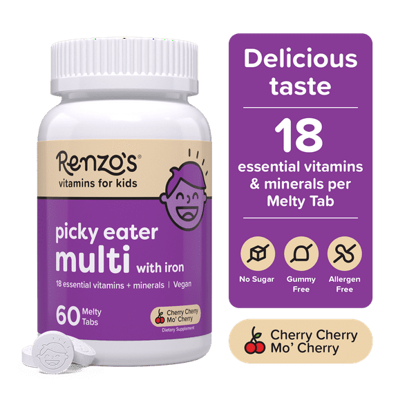 Renzo’s Picky Eater Multivitamin for Kids, Sugar-Free, Vegan Melty Tabs, Immune Support, Cherry Flavor, 60 Count