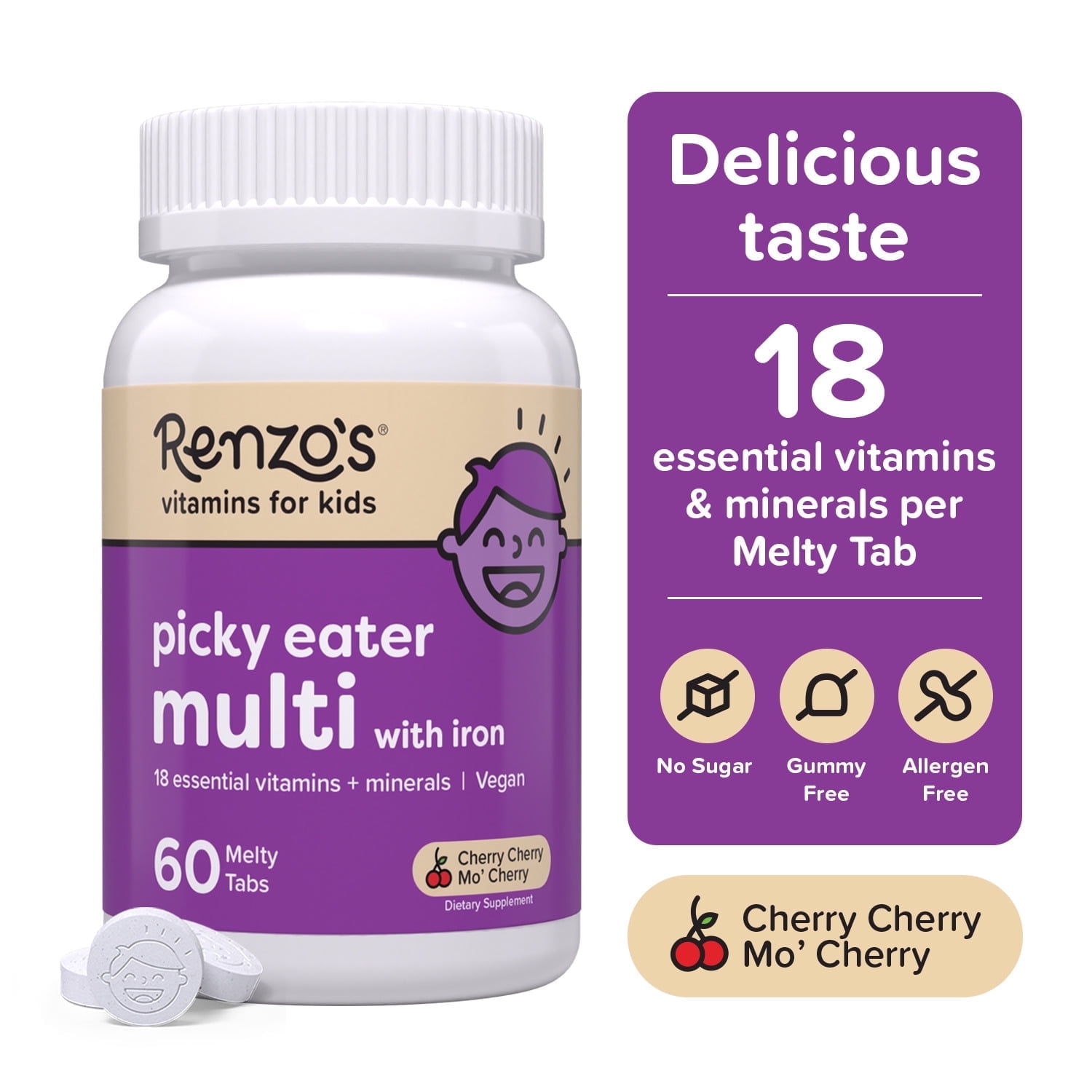 Walmart savings: Renzo's Multivitamin for Kids, Sugar-Free Vegan Melty Tabs, Immune Support, Cherry Flavor, 60 Count