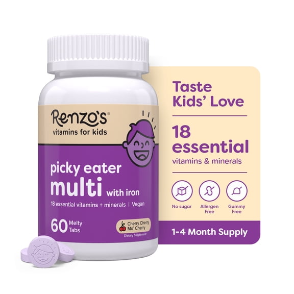 Renzo’s Picky Eater Multivitamin for Kids, Sugar-Free, Vegan Melty Tabs, Immune Support, Cherry Flavor, 60 Count