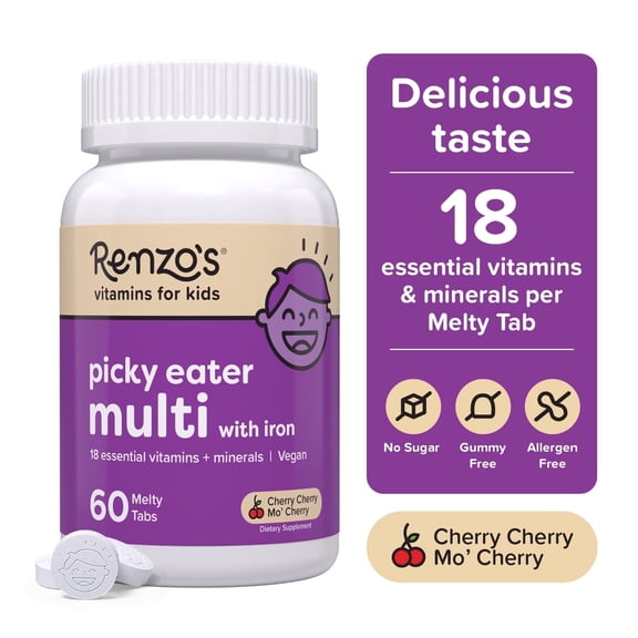 Renzo’s Picky Eater Multivitamin for Kids, Sugar-Free, Vegan Melty Tabs, Immune Support, Cherry Flavor, 60 Count