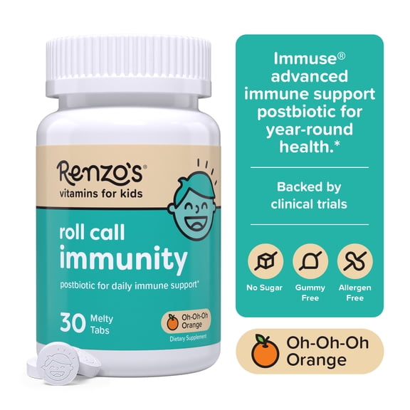 Renzo’s Roll Call Immunity Postbiotic for Kids, Sugar-Free, Kids Immune Support Melty Tabs, 30 Count