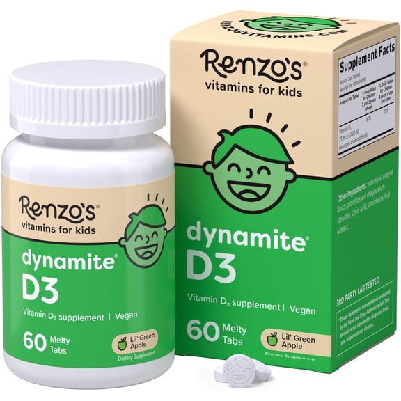 Renzos Vitamins Dynamite D3 Vitamin Melty Tabs Sugar Free and Vegan Dietary Supplements for Kids, Green Apple Flavor, 60 Count