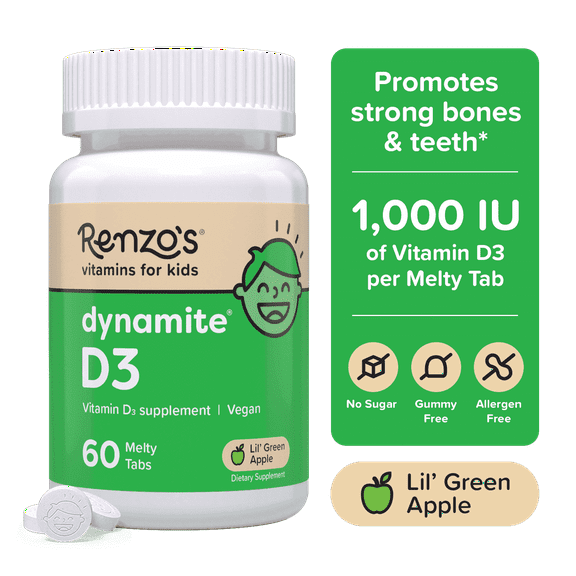 Renzo’s Vitamins Dynamite D3 Vitamin Melty Tabs Sugar Free and Vegan Dietary Supplements for Kids, Green Apple Flavor, 60 Count