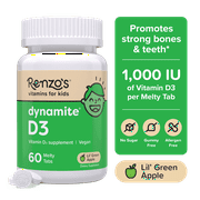 Renzo’s Vitamins Dynamite D3 Vitamin Melty Tabs Sugar Free and Vegan Dietary Supplements for Kids, Green Apple Flavor, 60 Count