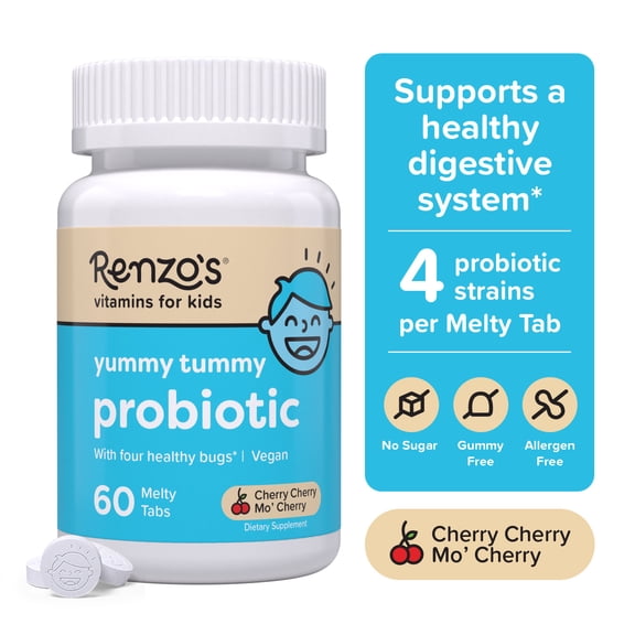 Renzo’s Vitamins Kids Probiotics, Yummy Tummy Probiotic for Kids Gut Health, Vegan, Sugar-Free, 60 Melty Tabs