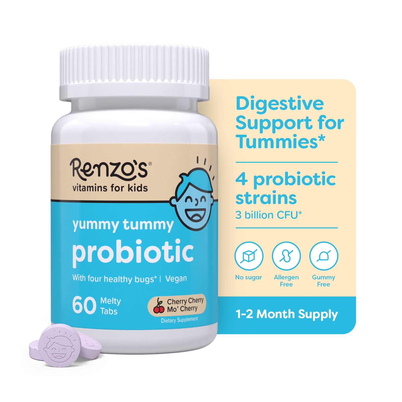 Renzo’s Vitamins Kids Probiotics, Yummy Tummy Probiotic for Kids Gut Health, Vegan, Sugar-Free, 60 Melty Tabs