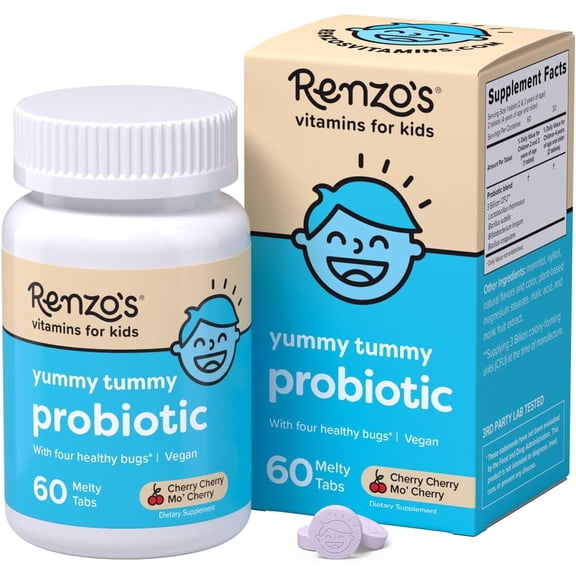 Renzo’s Vitamins Kids Probiotics, Yummy Tummy Probiotic for Kids Gut Health, Vegan, Sugar-Free, 60 Melty Tabs