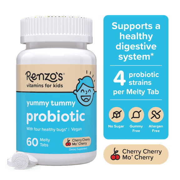 Renzo’s Vitamins Kids Probiotics, Yummy Tummy Probiotic for Kids Gut Health, Vegan, Sugar-Free, 60 Melty Tabs