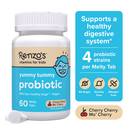 Renzo’s Vitamins Kids Probiotics, Yummy Tummy Probiotic for Kids Gut Health, Vegan, Sugar-Free, 60 Melty Tabs