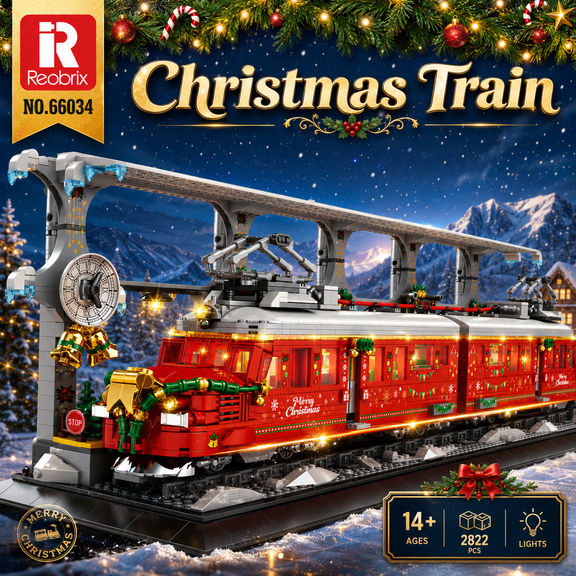Reobrix Christmas Train Locomotive Model Kit, Holiday Display, 2822 Pcs, with LED Lights