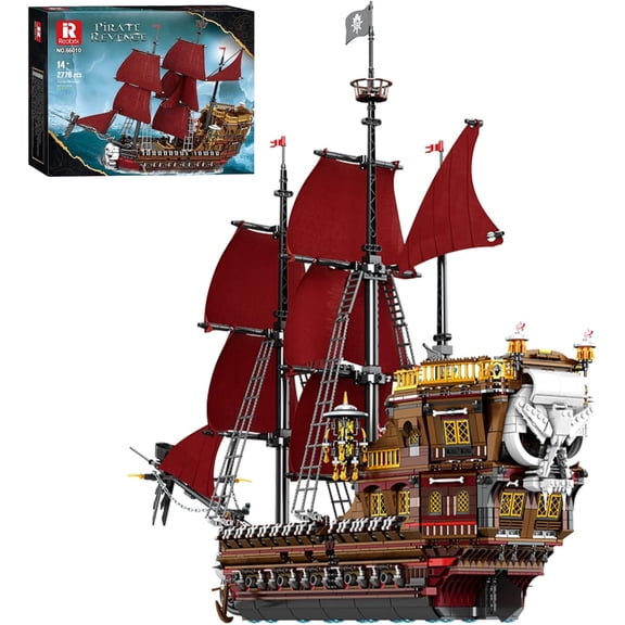 Reobrix Pirate Ship Building Blocks Kit, Revenge Ship Model Blocks Kit 66010,Large Red Ship Set,Home Decor Birthday Gifts,Building Toys Gift for Adults 2776 PCS