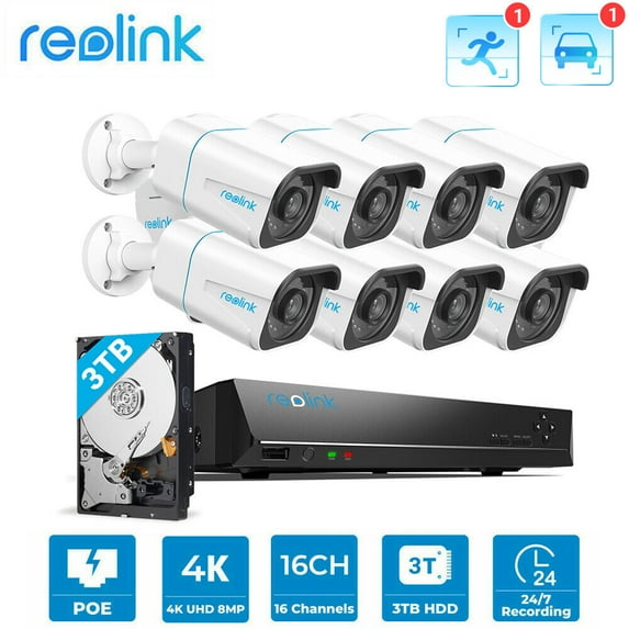 Reolink 4K 8MP Outdoor Security PoE Camera Wired System,16CH NVR 8pcs Cam Smart Detection,24-7Record