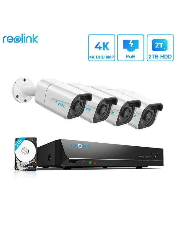 Reolink 4K Ultra HD Smart PoE Security Camera System, 4pcs Wired 8MP Outdoor PoE IP Cameras, Supports Smart Person Vehicle Detection, 8MP 8CH NVR with 2TB HDD for 24/7 Recording, RLK8-800B4