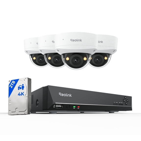Reolink 4K PoE 8-Channel NVR System, 4-Pack 8MP Plug-in Dome Cameras, 2TB HDD, Smart Detection, RLK8-800V4