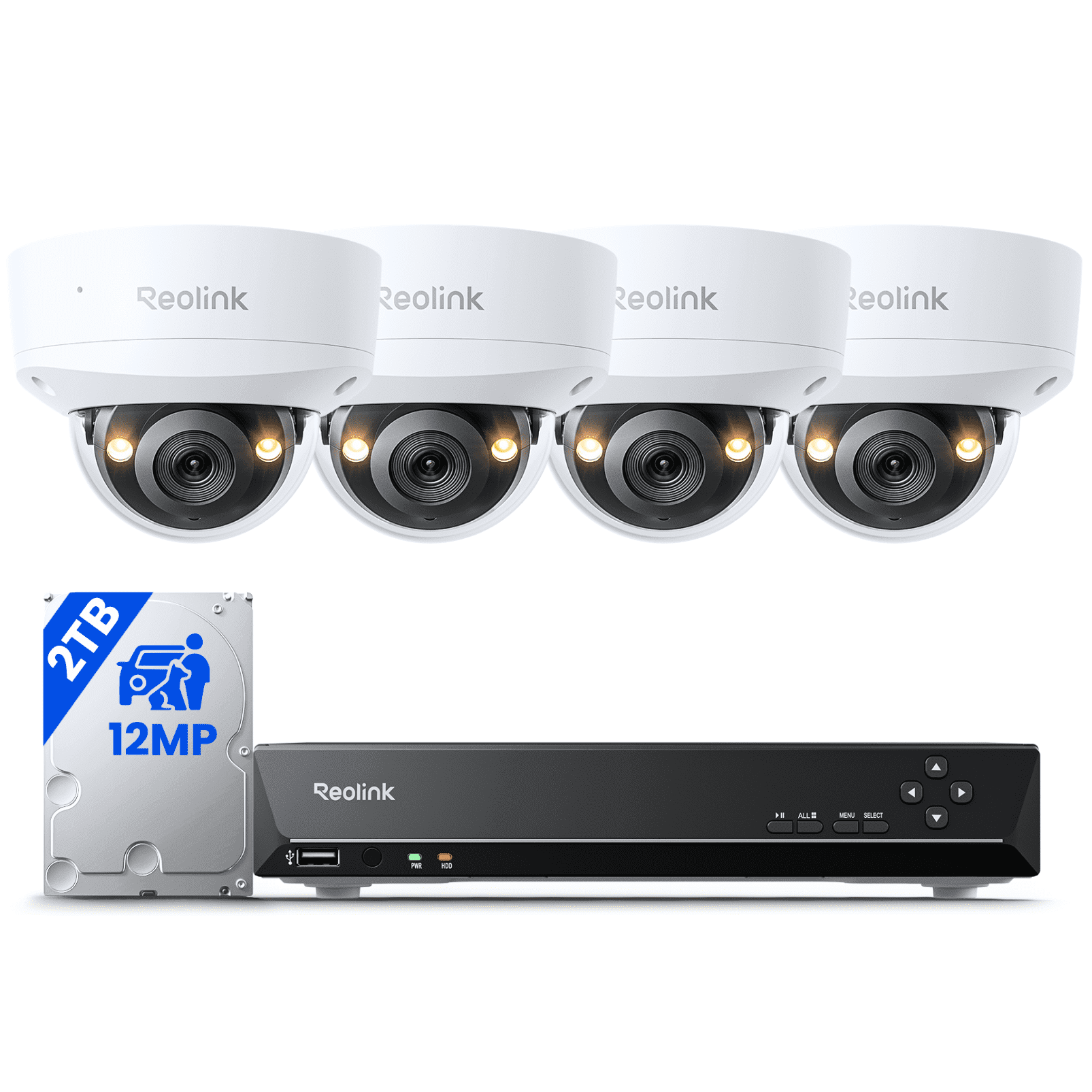 Reolink PoE 8-Channel NVR System, 4x 12MP Vandal-Proof Dome Spotlight Cameras, 2TB HDD, RLK8-1200V4