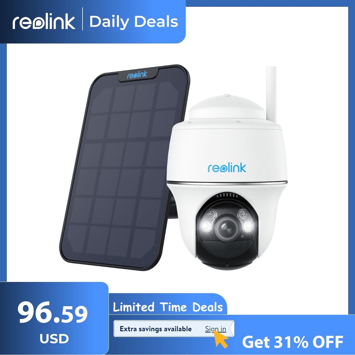 Go Plus Reolink Telecaera Batteria Solare Wi-Fi Da Esterno Senza Fili, 2K 3P Telecamera Con App E MicroSD Fino A 128GB