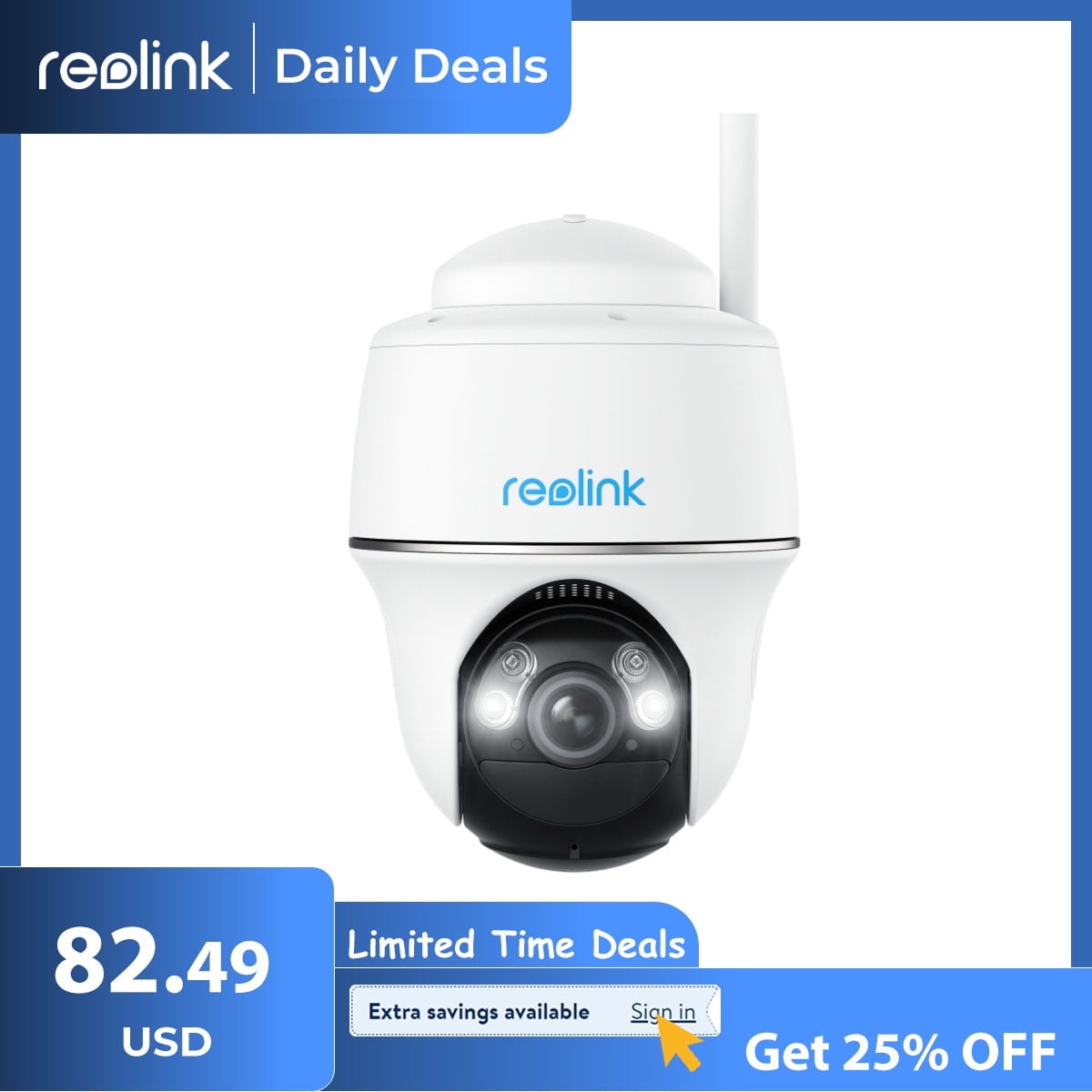 Reolink Argus PT, 2K 4MP Outdoor Camera, Solar, WiFi, Night Vision