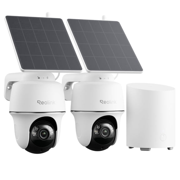 Reolink Argus PT 2K+ Solar Security Camera System, 2-Pack, 360 Auto Tracking, AI Detection, Home Hub Mini