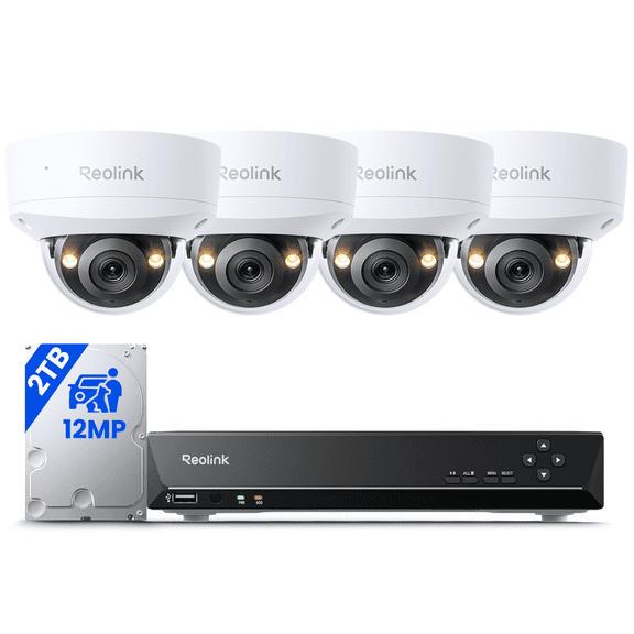 Reolink PoE 8-Channel NVR System, 4-Pack 12MP Vandal-Proof Dome Spotlight Cameras, 2TB HDD, RLK8-1200V4
