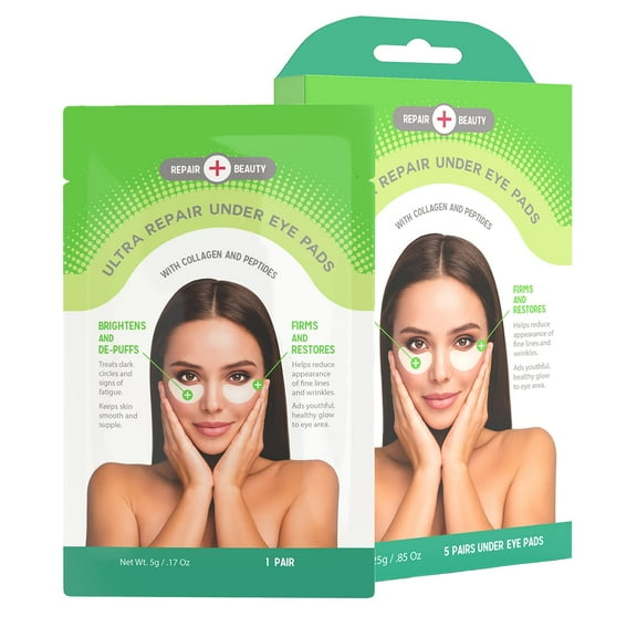 Repair Beauty Collagen and Peptides Under Eye Patches - Reduces Wrinkles, Eye Bags & Dark Circles, De-puffing & Firming Under Eye Pads - Cruelty Free Korean Skincare For All Skin Types - 5 Pairs