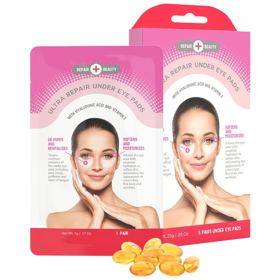 Repair Beauty Hyaluronic Acid & Vitamin E Under Eye Patches - Diminishes Dark Circles, Wrinkles & Crow's Feet, De-puffing Under Eye Pads - Cruelty Free Korean Skin Care For All Skin Types - 5 Pairs