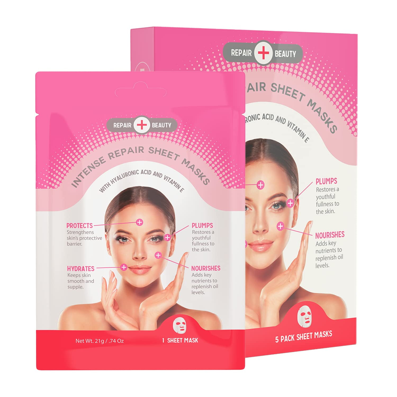 Repair Beauty Hyaluronic Acid & Vitamin E Sheet Face Mask - Plumps & Moisturizes Skin, Reduces Wrinkles & Fine Lines, Hydrating Sheet Mask - Cruelty Free Korean Skincare For All Skin Types - 5 Masks