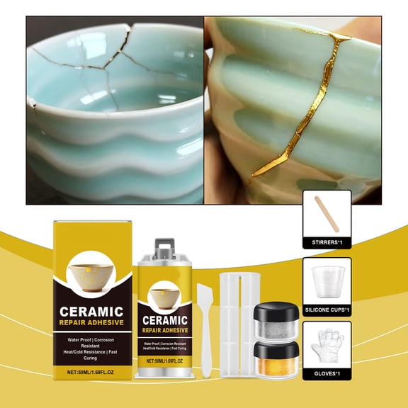 Repair Kit for Ceramics, Complete DIY Gold & Silver Ceramic Repair Adhesive Set for Pottery&Porcelain, Waterproof & Heat Resistant Food Safe Porcelain Glue with Gold Powder and Tools,50ML